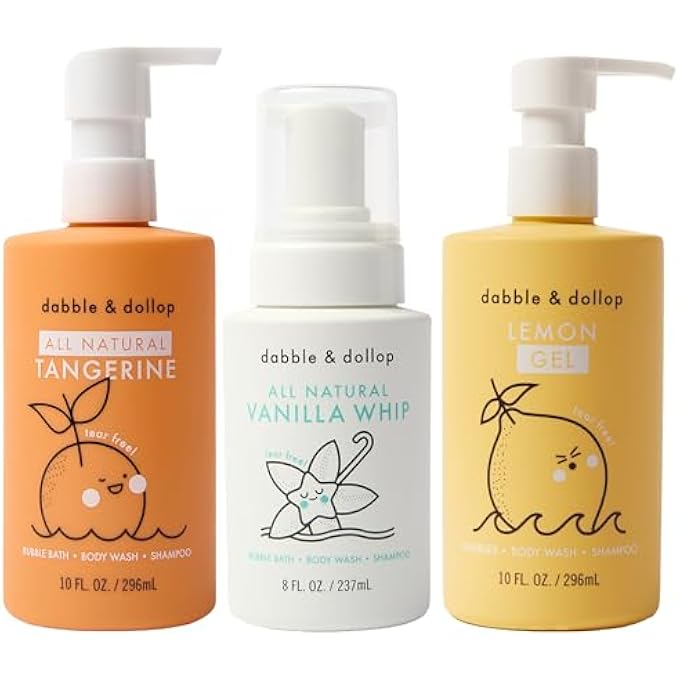Dabble & Dollop Citrus Kiss Bundle, Natural Bubble Bath, Body Wash & Shampoo for Kids, USA-made, Paraben & Sulfate Free, Vegan, Gluten-Free, Tear-Free, Tangerine, Vanilla, Lemon (Set of 3) - Image 1